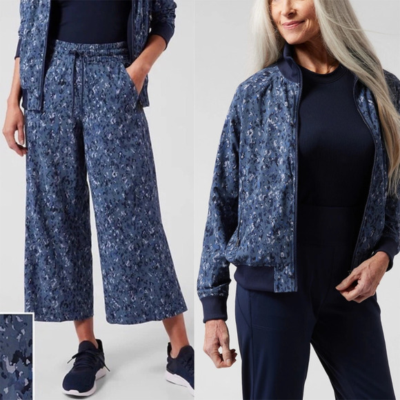 ATHLETA 2 PC Set Bomber Jacket & Wide Leg Crop Pant Navy Leopard Size Large 12 - Picture 1 of 16